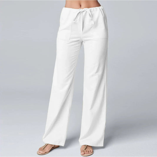 Women's Wide-Leg Linen Blend Pants - Drawstring Waist, Relaxed Fit, Beige Black White Gray-83219-73d1db1e-a7bc-4e9d-86b4-6fc86d0afa06