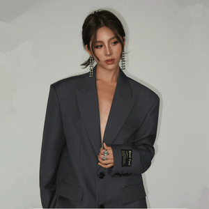 Women's Black Oversized Blazer – Deep V-Neck, Structured Fit, Polyester Blend-67612-73f7b1f7-b59a-40a6-a4f0-34e7a911c9c0