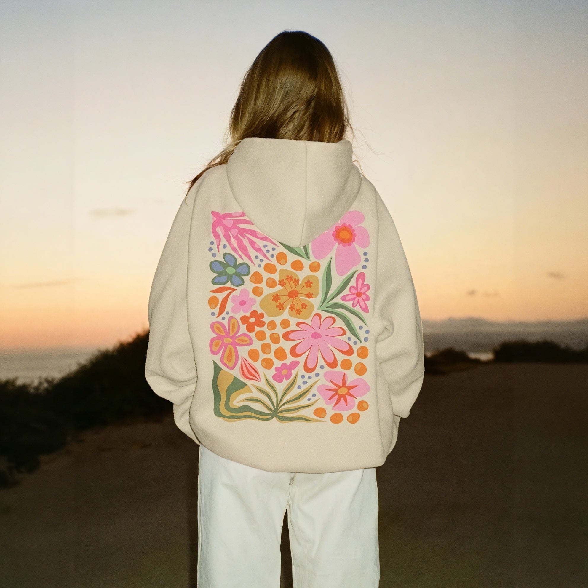 Women's Hoodie – Cream Fleece Cotton, Relaxed Fit, Floral Graphic, Casual Artistic Style-74568-d2686c22-fae4-4ef8-8057-e4be6538c065