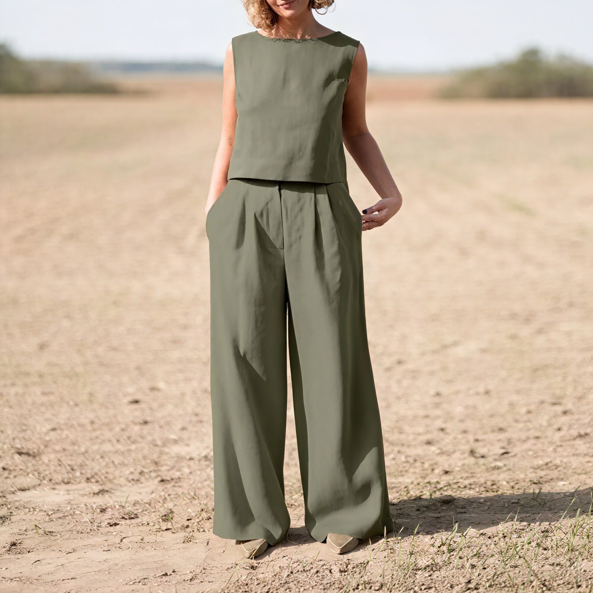 Women's Sleeveless Wide-Leg Suit – Pleated Linen Blend Trousers, Modern Minimalist Style-75144-05074c7b-dbfc-4522-90dd-9698f37c0d2d