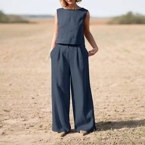 Women's Sleeveless Wide-Leg Suit – Pleated Linen Blend Trousers, Modern Minimalist Style-75144-d087622b-2f20-470d-82c6-462a1d5bea00