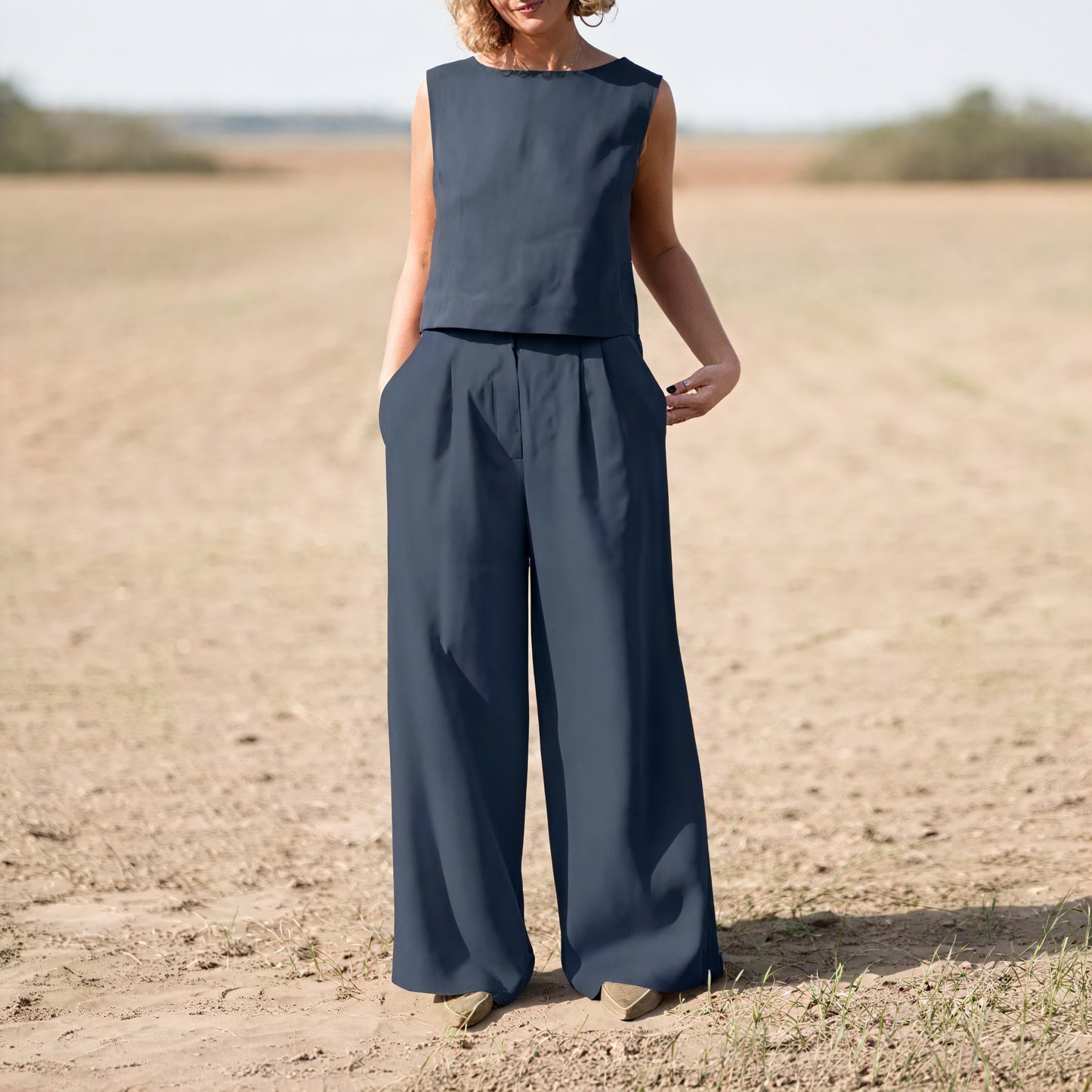 Women's Sleeveless Wide-Leg Suit – Pleated Linen Blend Trousers, Modern Minimalist Style-75144-d087622b-2f20-470d-82c6-462a1d5bea00