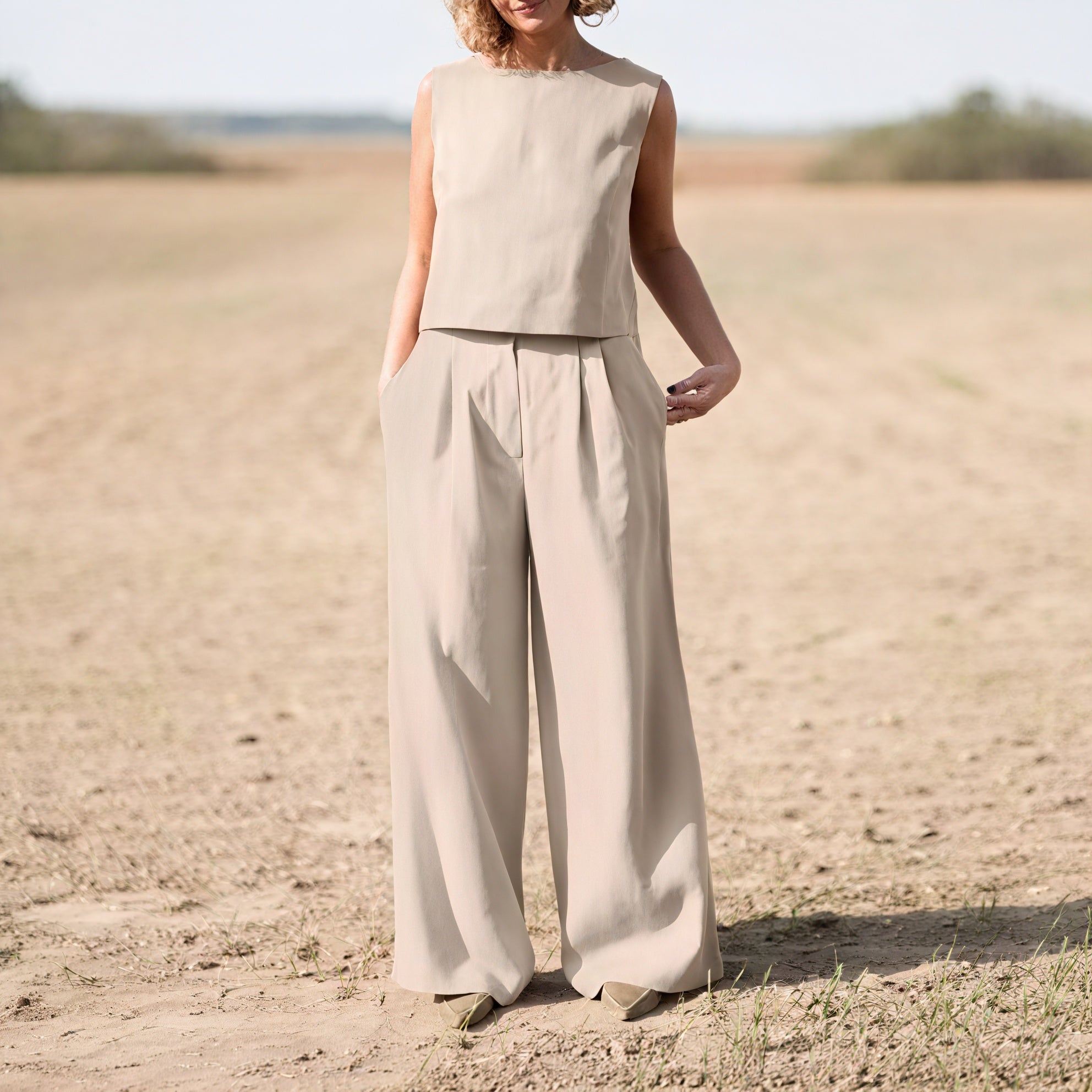Women's Sleeveless Wide-Leg Suit – Pleated Linen Blend Trousers, Modern Minimalist Style-75144-7b821ec9-07b7-4362-9f61-3c62fdd149cd