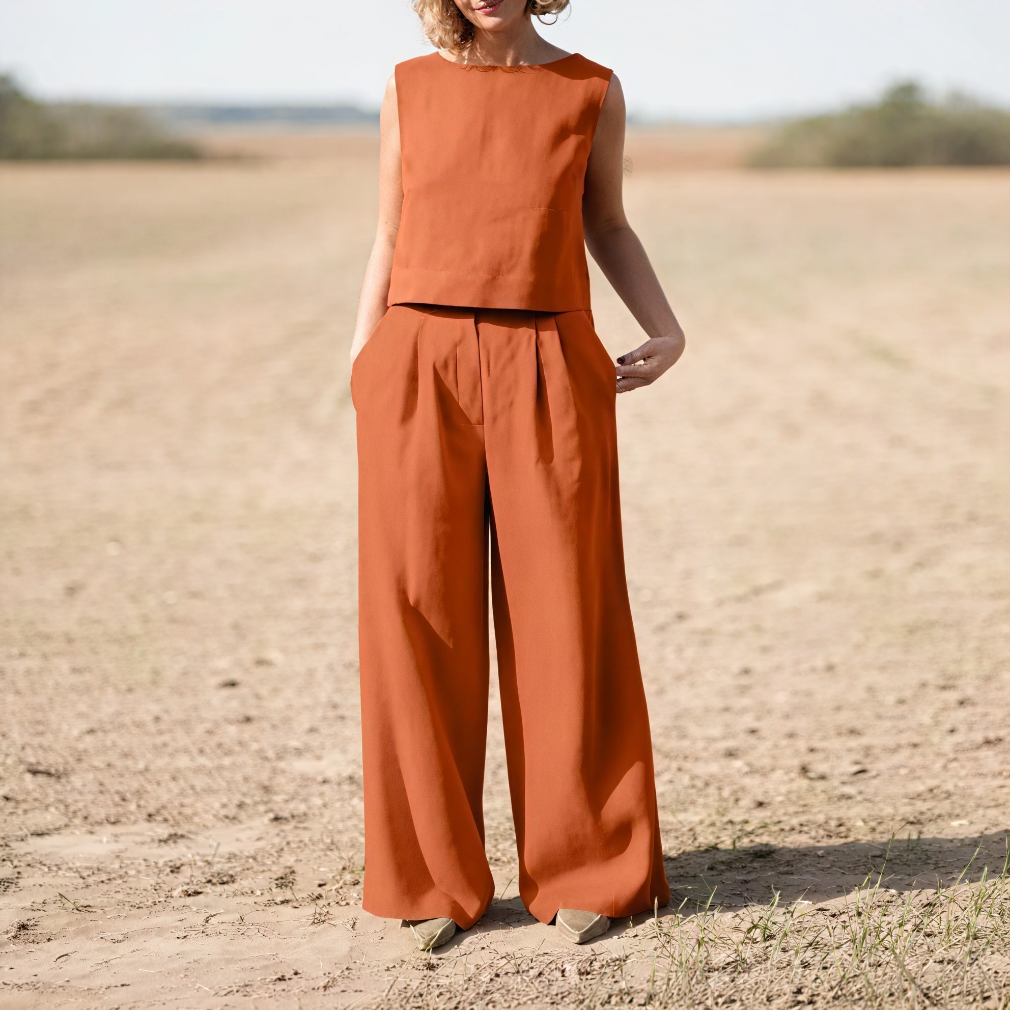 Women's Sleeveless Wide-Leg Suit – Pleated Linen Blend Trousers, Modern Minimalist Style-75144-53c0431e-6e42-4aba-adbd-f7909600e88c