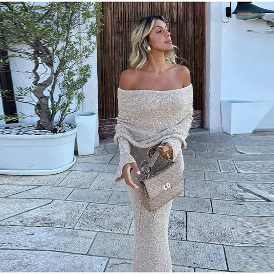 Women's Off-Shoulder Shimmer Dress – Flared Sleeves, Metallic Beige White-77267-754f7ea5-3da3-4ba2-906b-e0b76b088594
