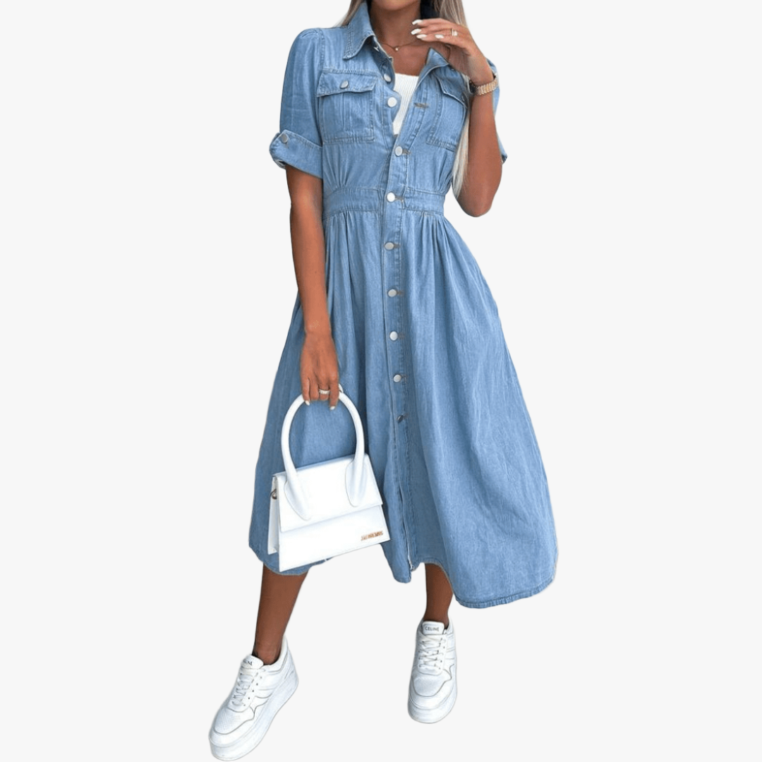 Women's Denim Midi Dress – Light Blue Button-Down, Cinched Waist-75839-83998227-2482-4e9f-9768-d28caefd73f6