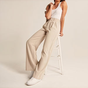 Women's Wide-Leg Trousers – High-Waisted Pleated Smooth Fabric-75845-14d16d32-c5da-496a-8a5b-90a439426545