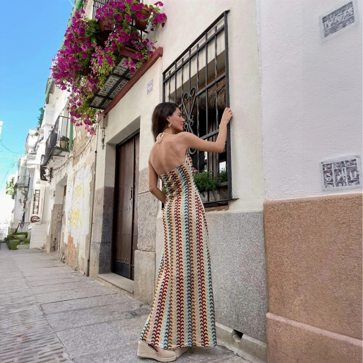 Women's Knit Halter Maxi Dress – Multicolor, Open Back, Bohemian Style, Sydney Wardrobe-76726-7f632b83-d7be-4408-b42f-19dbe5a161b8