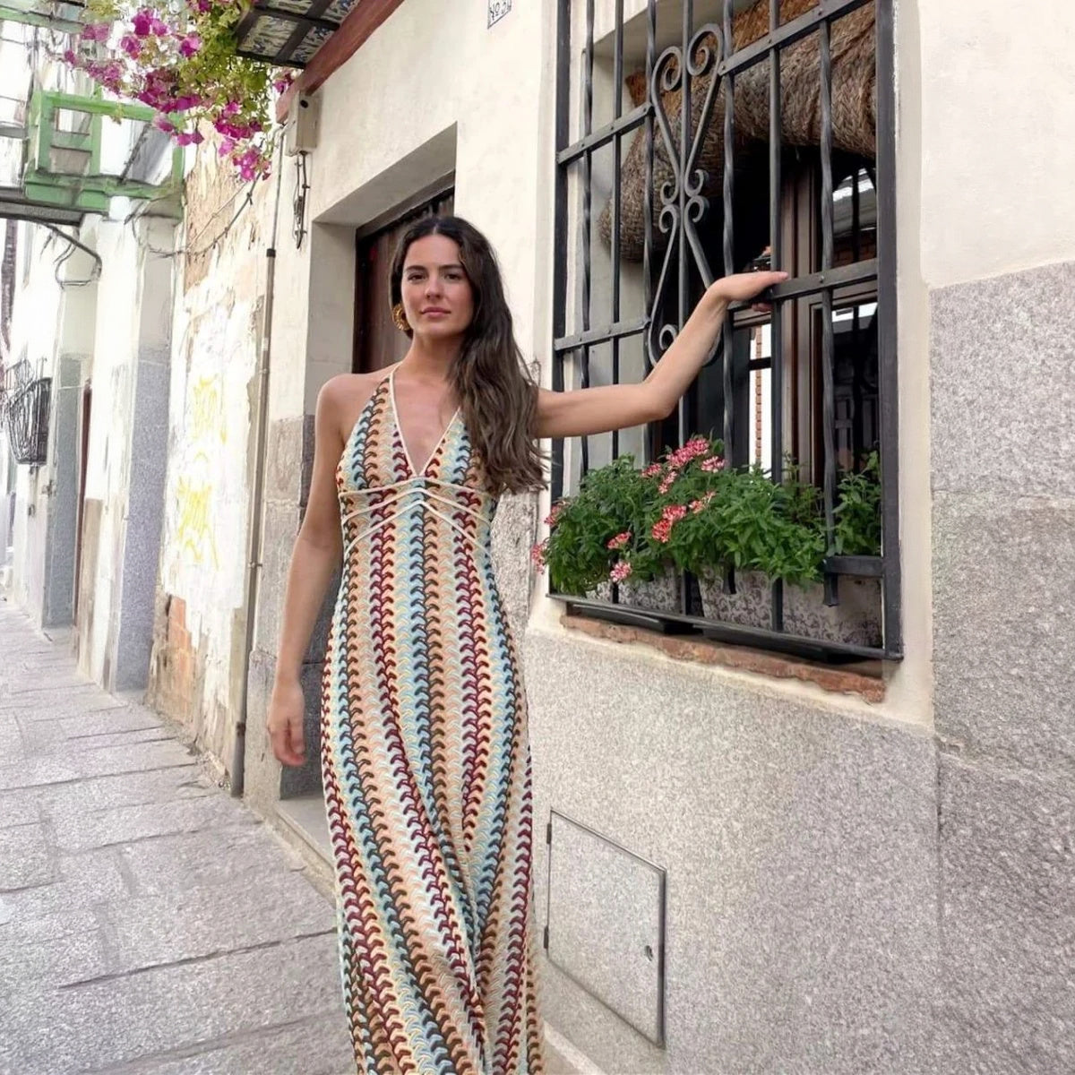 Women's Knit Halter Maxi Dress – Multicolor, Open Back, Bohemian Style, Sydney Wardrobe-76726-061fbf0d-740a-4531-845c-26b75ade7c23