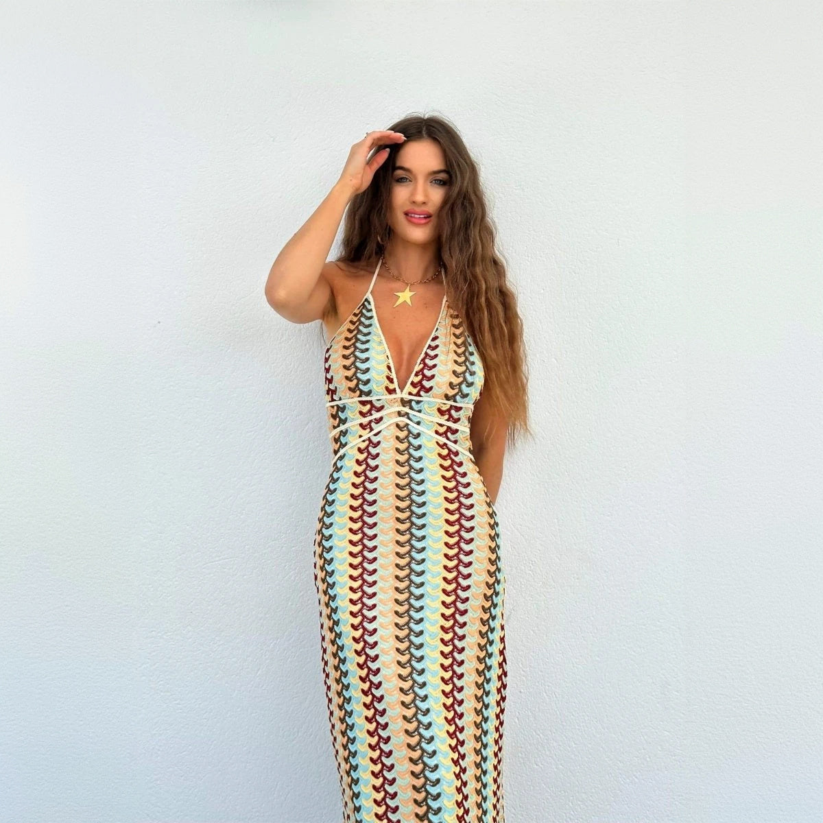 Women's Knit Halter Maxi Dress – Multicolor, Open Back, Bohemian Style, Sydney Wardrobe-76726-f13f8a17-c7ce-4a5b-a9f5-4240e505408e