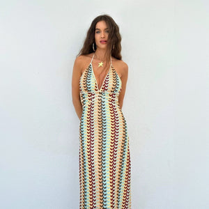 Women's Knit Halter Maxi Dress – Multicolor, Open Back, Bohemian Style, Sydney Wardrobe-76726-9d7e821a-0d0f-4101-956d-1dcfdbc55022