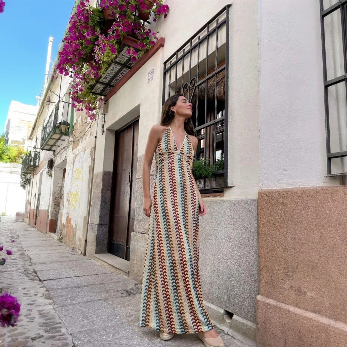Women's Knit Halter Maxi Dress – Multicolor, Open Back, Bohemian Style, Sydney Wardrobe-76726-647a3ac8-cdfb-40ce-a365-c5527927603d