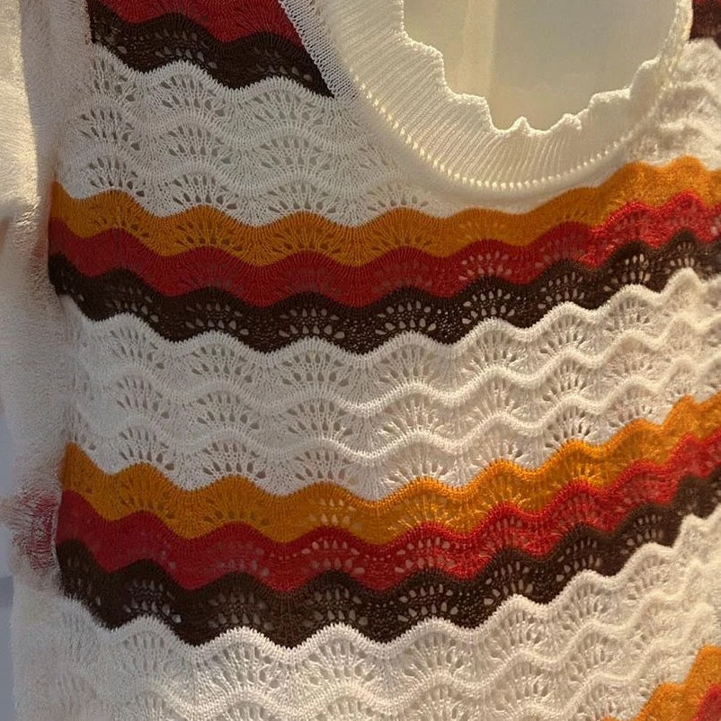 Women's Maxi Dress – White Orange Brown Horizontal Striped Knit, Flared Sleeve, Bohemian-76761-0e96145b-057d-47f5-a1a0-77f882619b01