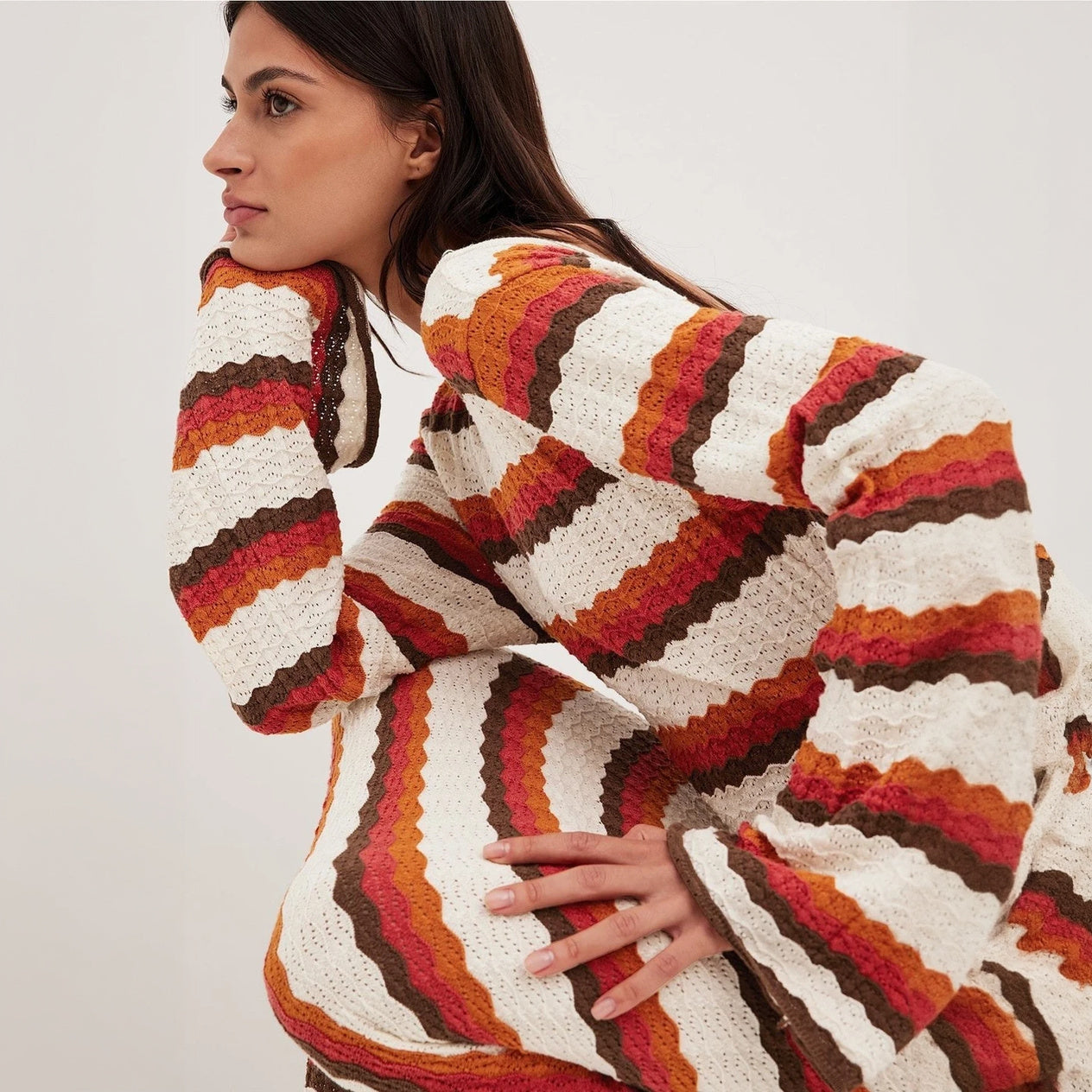 Women's Maxi Dress – White Orange Brown Horizontal Striped Knit, Flared Sleeve, Bohemian-76761-3e224d4a-711e-4334-9891-fdb169fea7ca
