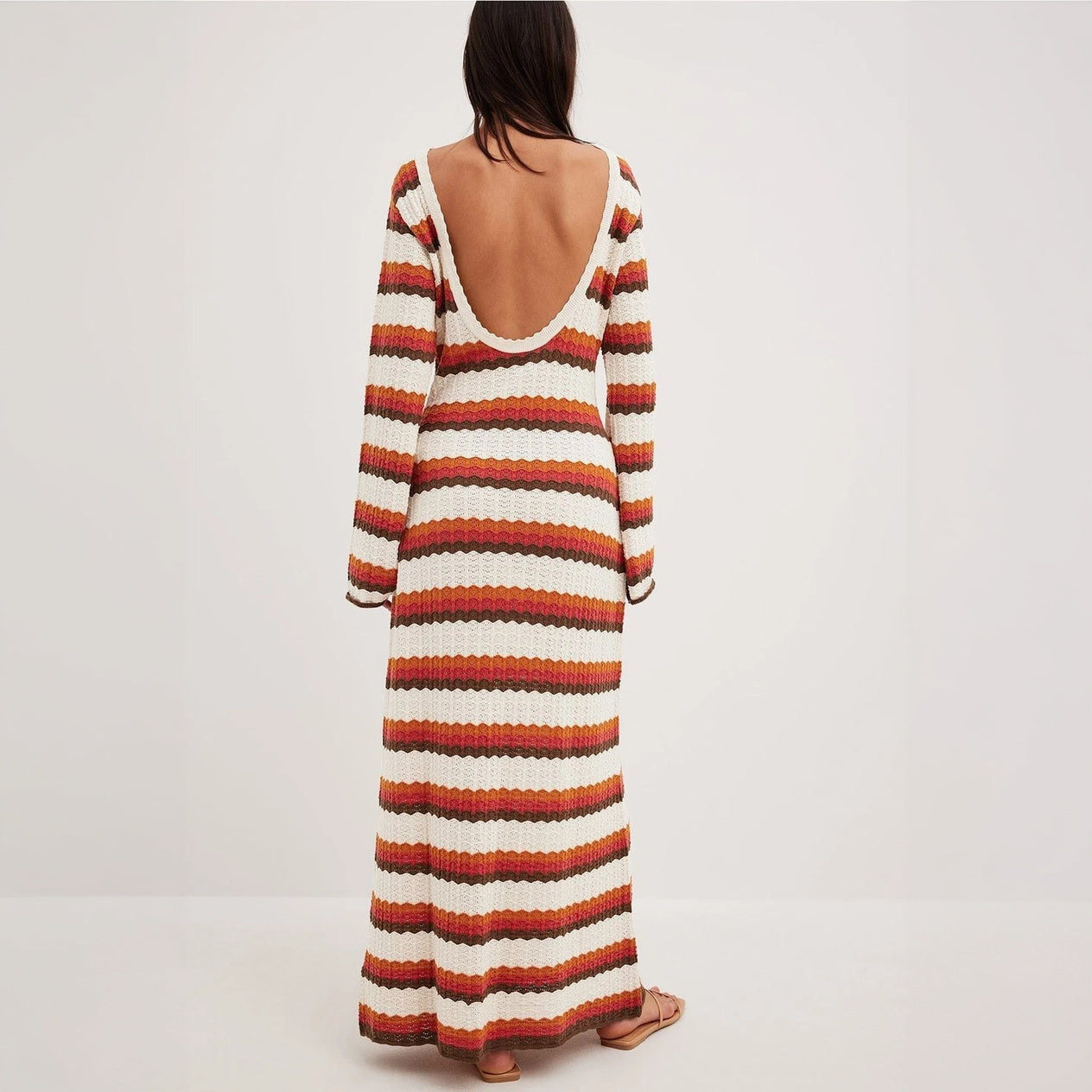 Women's Maxi Dress – White Orange Brown Horizontal Striped Knit, Flared Sleeve, Bohemian-76761-529adc99-9c57-4899-a6a4-baee55f83119