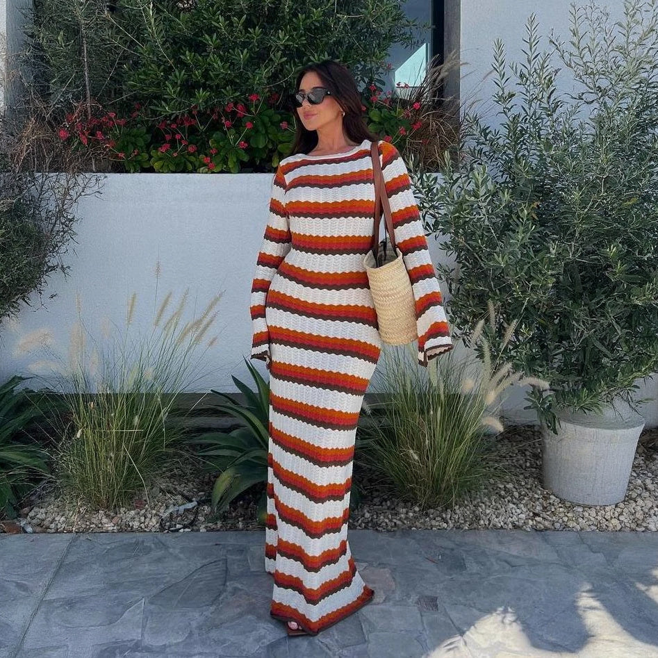 Women's Maxi Dress – White Orange Brown Horizontal Striped Knit, Flared Sleeve, Bohemian-76761-782c44df-020b-492a-a678-b3f155da8744