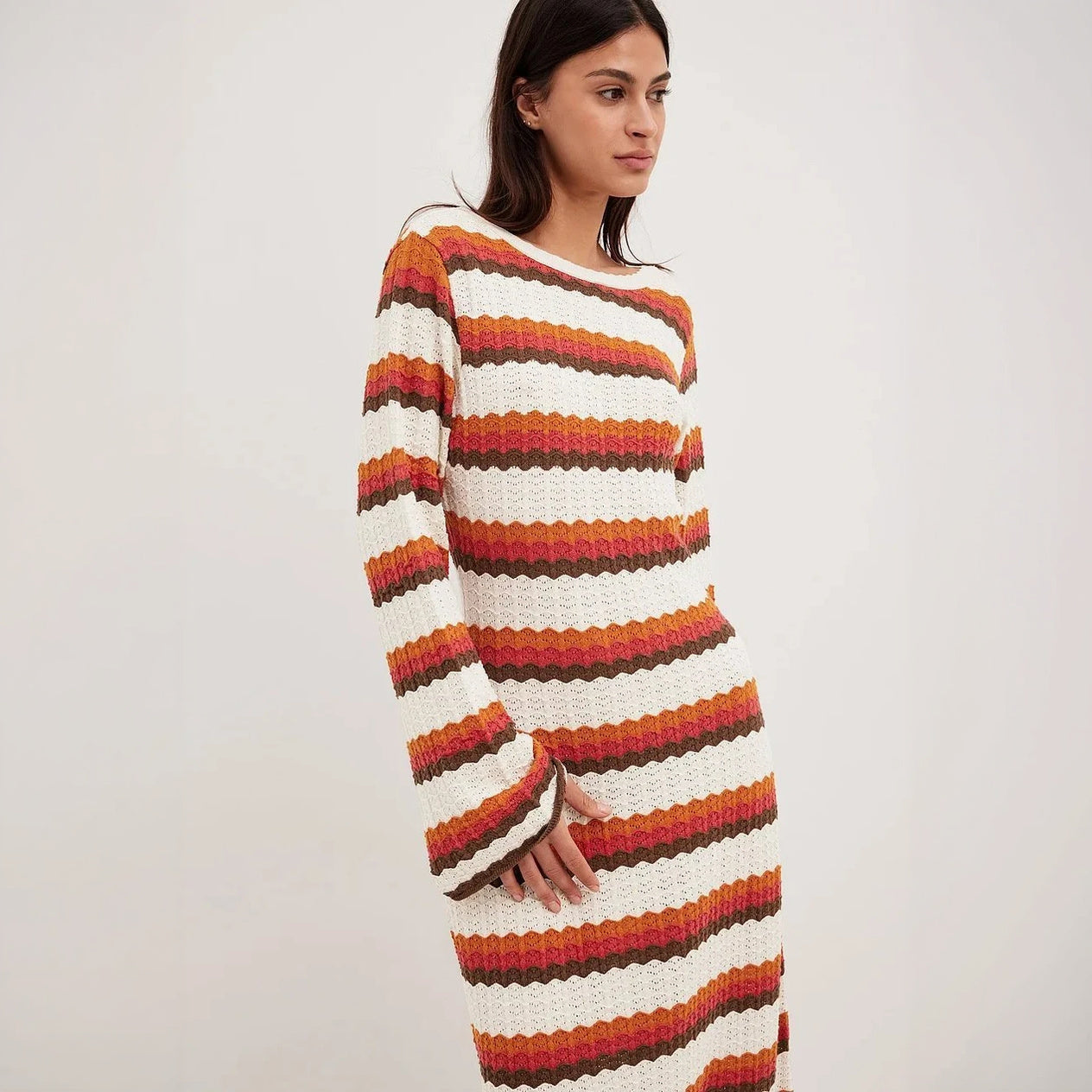 Women's Maxi Dress – White Orange Brown Horizontal Striped Knit, Flared Sleeve, Bohemian-76761-01596936-6b74-444b-84f3-6c7a8895894e