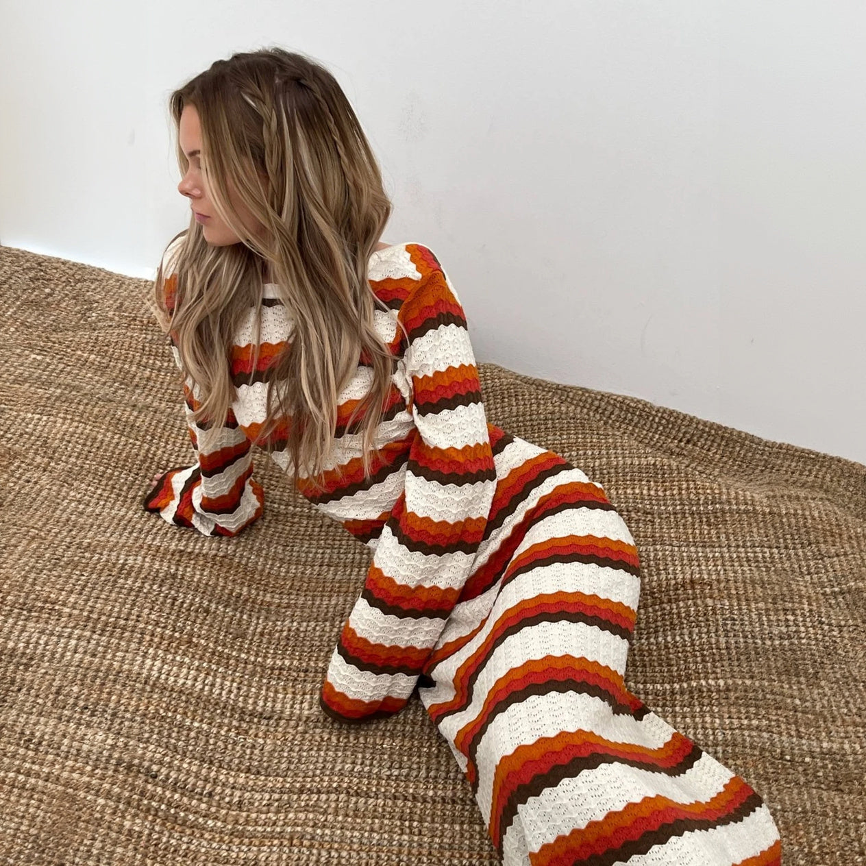 Women's Maxi Dress – White Orange Brown Horizontal Striped Knit, Flared Sleeve, Bohemian-76761-1c03a89a-7ec3-4836-8681-27a4e826c836