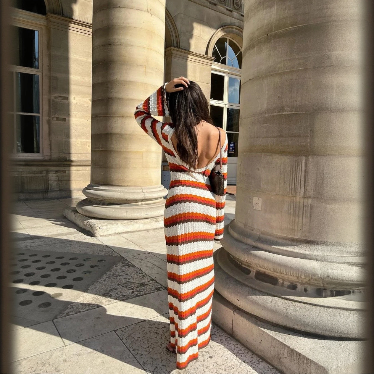 Women's Maxi Dress – White Orange Brown Horizontal Striped Knit, Flared Sleeve, Bohemian-76761-b2d92147-b6a5-42bd-a20d-81c0d2c6c1da