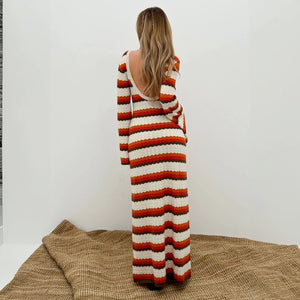 Women's Maxi Dress – White Orange Brown Horizontal Striped Knit, Flared Sleeve, Bohemian-76761-33886637-cbcd-4b78-96fd-ad11dd0ea355
