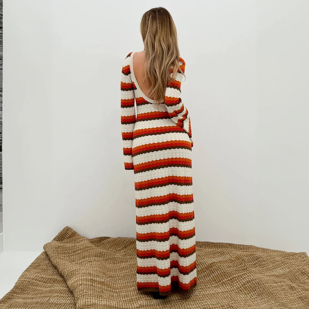 Women's Maxi Dress – White Orange Brown Horizontal Striped Knit, Flared Sleeve, Bohemian-76761-33886637-cbcd-4b78-96fd-ad11dd0ea355