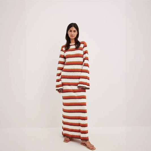 Women's Maxi Dress – White Orange Brown Horizontal Striped Knit, Flared Sleeve, Bohemian-76761-fb2124f0-1200-4885-b5fd-4e640d6c4d0b