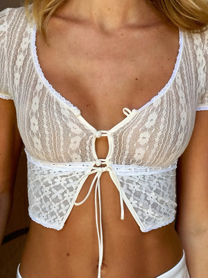 Women's White Lace Cropped Top – Plunging Neckline, Short Sleeve-76772-01a309f3-19a4-4de7-bdd9-0160765b48c9