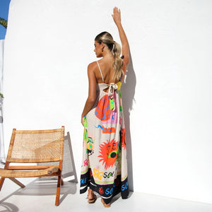 Women's Beige Maxi Dress – Bohemian Artistic Print, Spaghetti Straps, Gathered Bust, Black Hemline-76780-dacd8124-038f-4629-ab12-808ab072901f