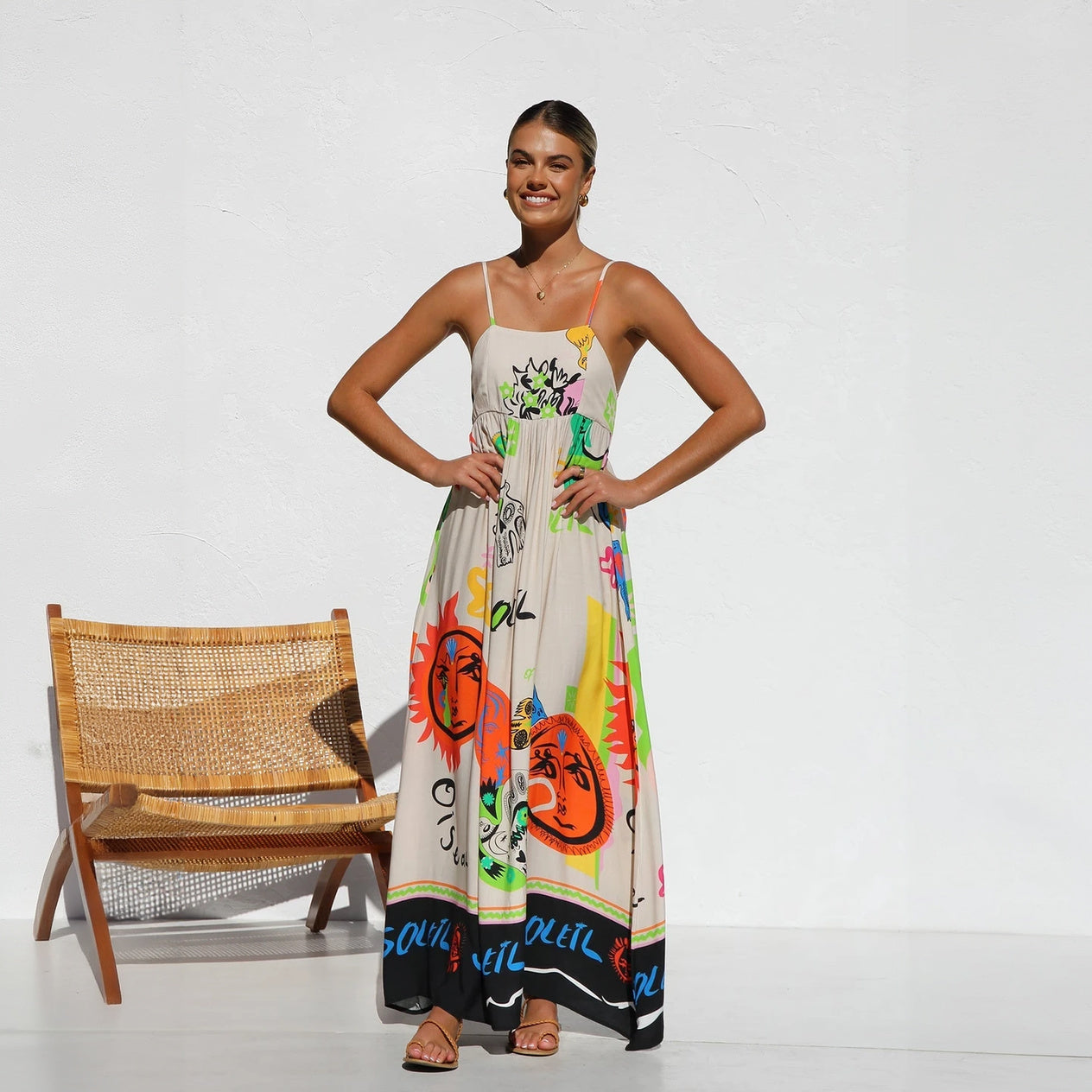 Women's Beige Maxi Dress – Bohemian Artistic Print, Spaghetti Straps, Gathered Bust, Black Hemline-76780-89ece514-c304-4be0-851d-95ce2a9c9050