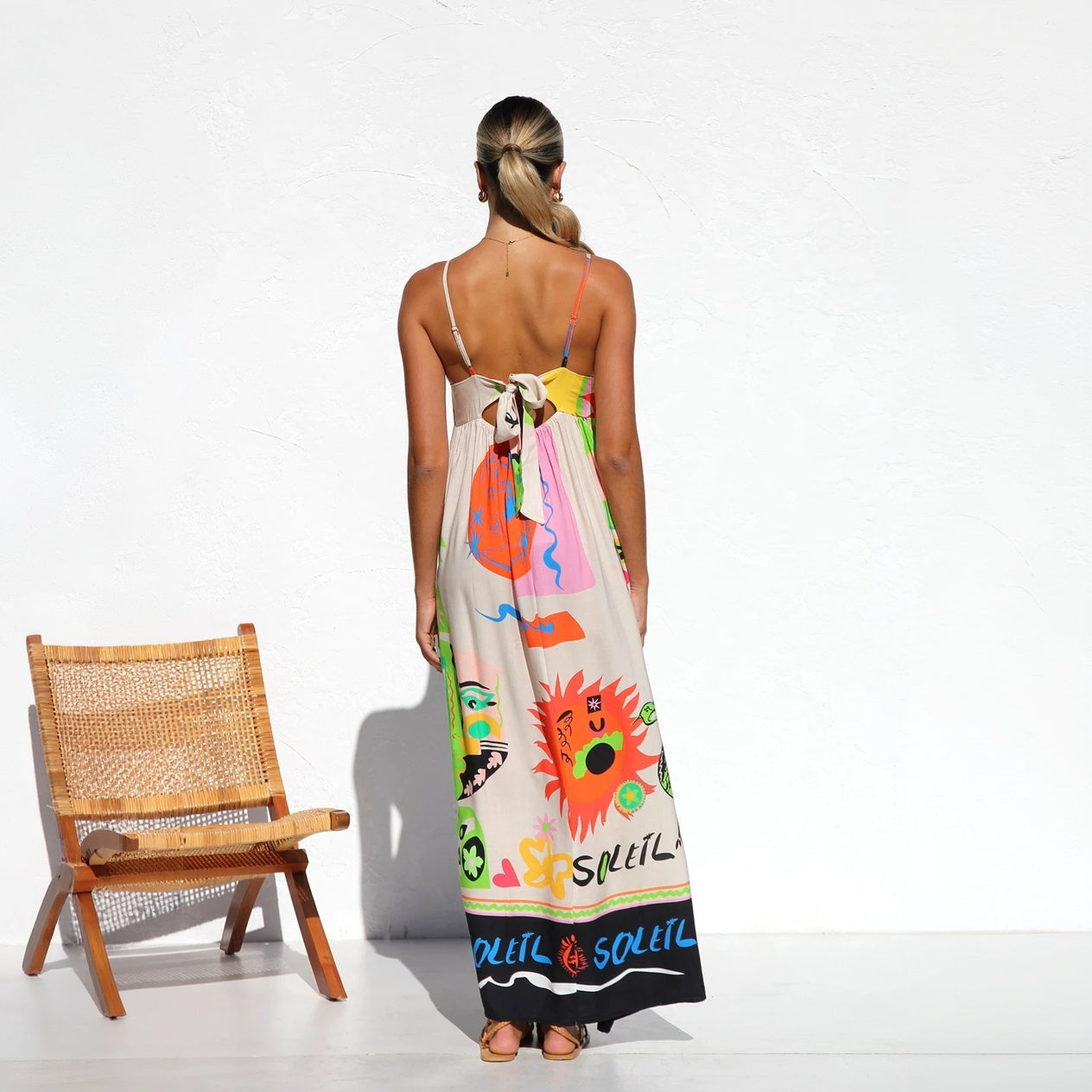 Women's Beige Maxi Dress – Bohemian Artistic Print, Spaghetti Straps, Gathered Bust, Black Hemline-76780-45dd84cc-8481-4993-aa09-6f91874c1de0