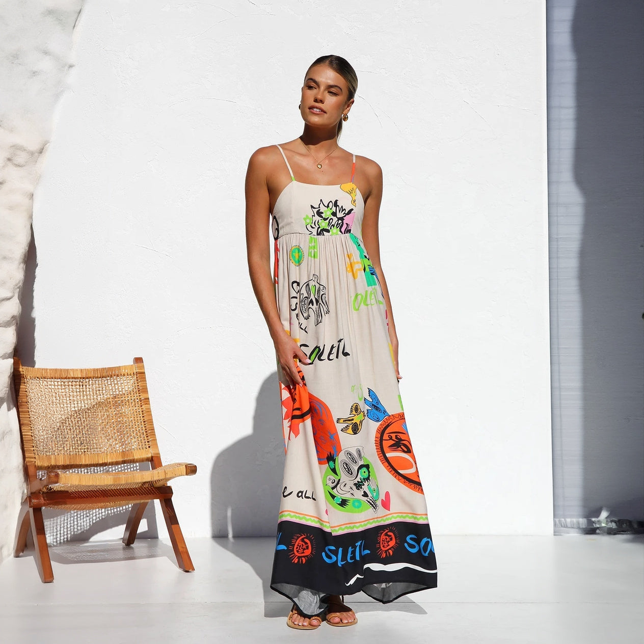Women's Beige Maxi Dress – Bohemian Artistic Print, Spaghetti Straps, Gathered Bust, Black Hemline-76780-4d14387f-fdee-4d70-8616-69882869404f
