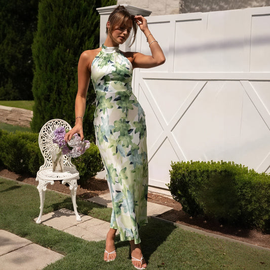 Women's Green Floral Silk Halter Neck Floor-Length Maxi Dress, Bohemian Chic Style-76848-c017b1b6-3c89-478c-b1d6-5d98d602c1ac