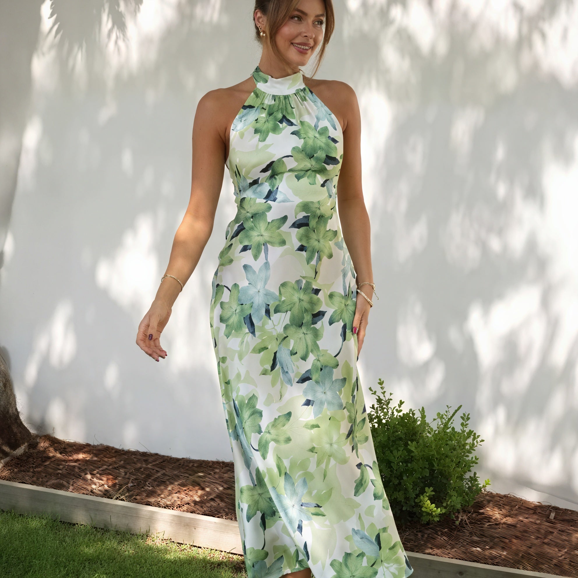 Women's Green Floral Silk Halter Neck Floor-Length Maxi Dress, Bohemian Chic Style-76848-e944dc94-a83c-457d-85c6-b65d1bdce891