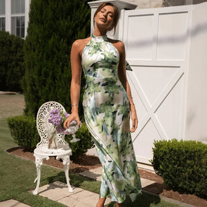 Women's Green Floral Silk Halter Neck Floor-Length Maxi Dress, Bohemian Chic Style-76848-e07e215f-3992-4ece-93e7-3f417f8eedec