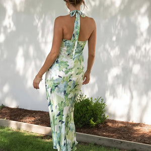 Women's Green Floral Silk Halter Neck Floor-Length Maxi Dress, Bohemian Chic Style-76848-4f49eefd-ddec-4328-8810-22e3c5eac515