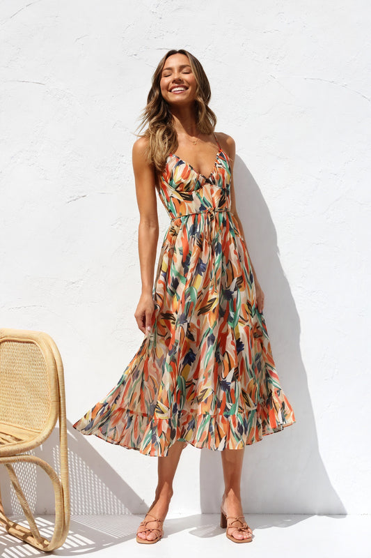 Women's Abstract Print V-Neck Dress – Flowy, Multi-colored, Polyester-77079-d2828c2c-9fbb-471b-b69e-8272d88b7ce9