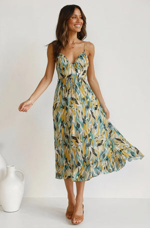 Women's Abstract Print V-Neck Dress – Flowy, Multi-colored, Polyester-77079-f7f19253-605f-4002-abd2-1c476685ead9