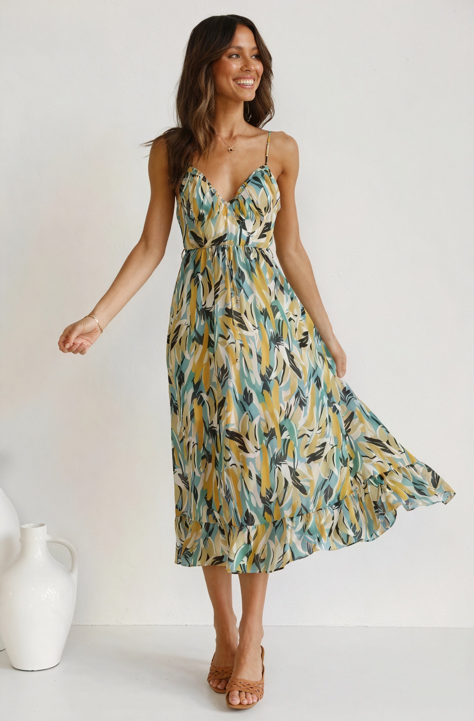 Women's Abstract Print V-Neck Dress – Flowy, Multi-colored, Polyester-77079-f7f19253-605f-4002-abd2-1c476685ead9