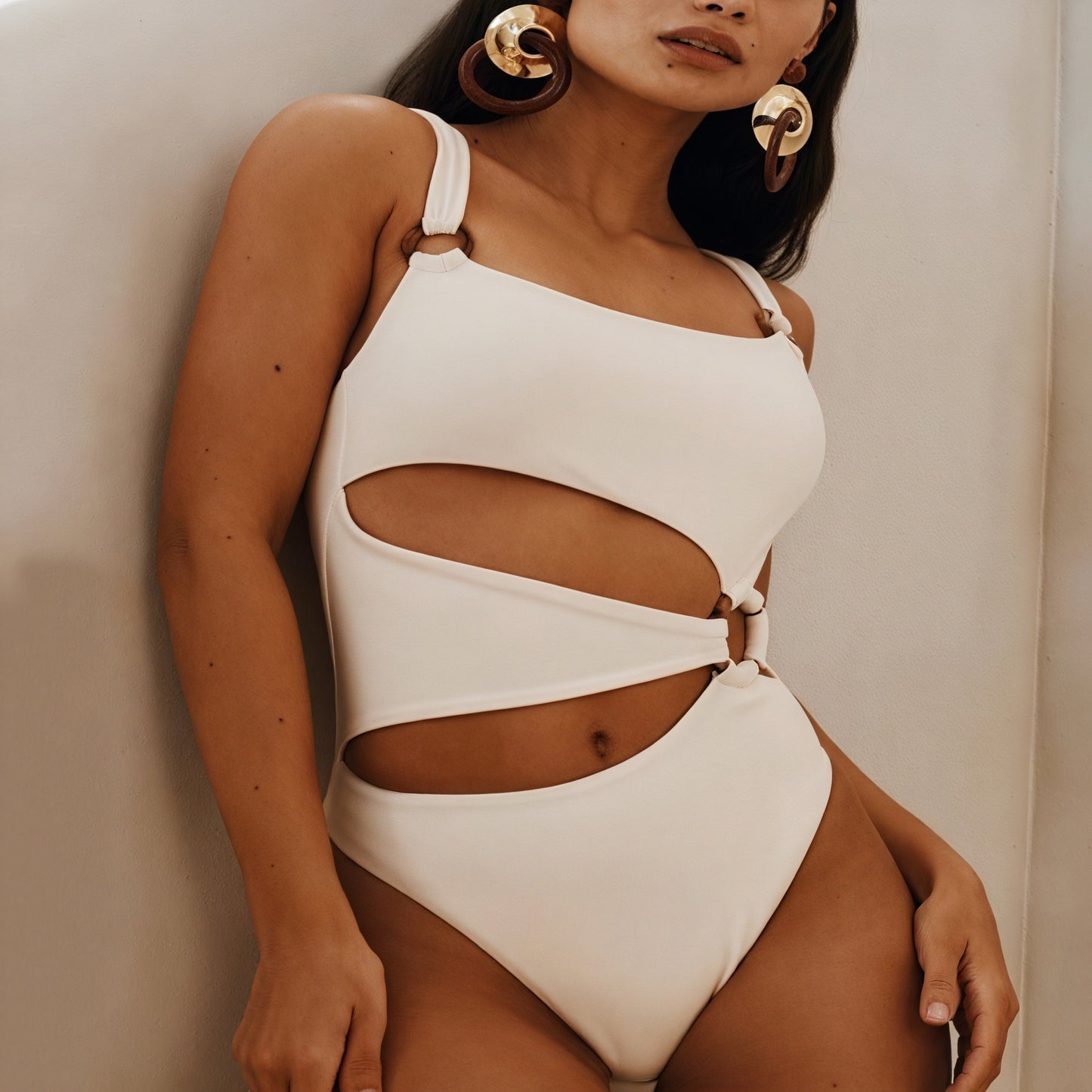 Women's White Cut-Out One-Piece Swimsuit with Metal Rings, High-Leg Nylon Spandex-77131-b0d0e051-5d4a-41a7-ba7c-b2bca1d6375a