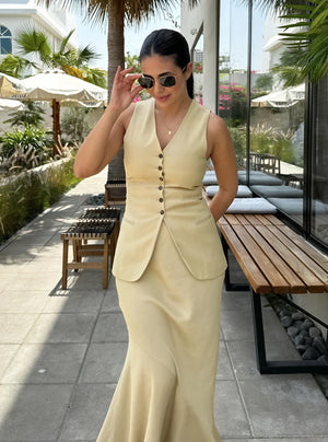 Women's Beige Tailored Vest – V-Neck, Decorative Buttons, Synthetic-77150-2d44b432-939a-48b2-a4ce-6cec11508652