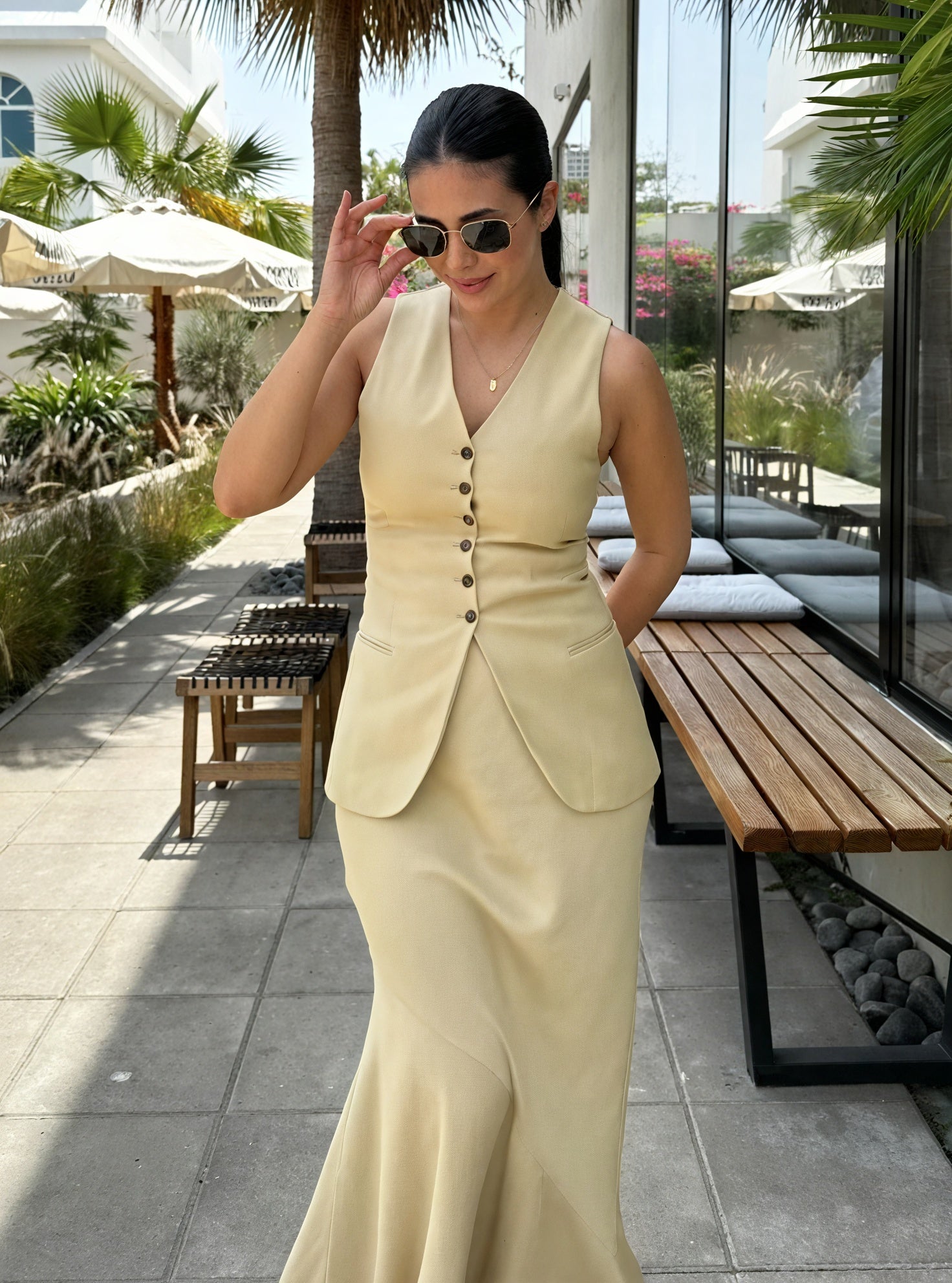 Women's Beige Tailored Vest – V-Neck, Decorative Buttons, Synthetic-77150-2d44b432-939a-48b2-a4ce-6cec11508652