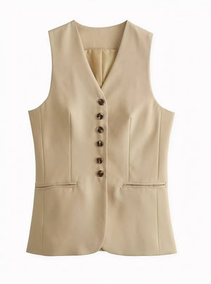 Women's Beige Tailored Vest – V-Neck, Decorative Buttons, Synthetic-77150-f713ca0b-8bc7-404f-a197-bba35fef9287