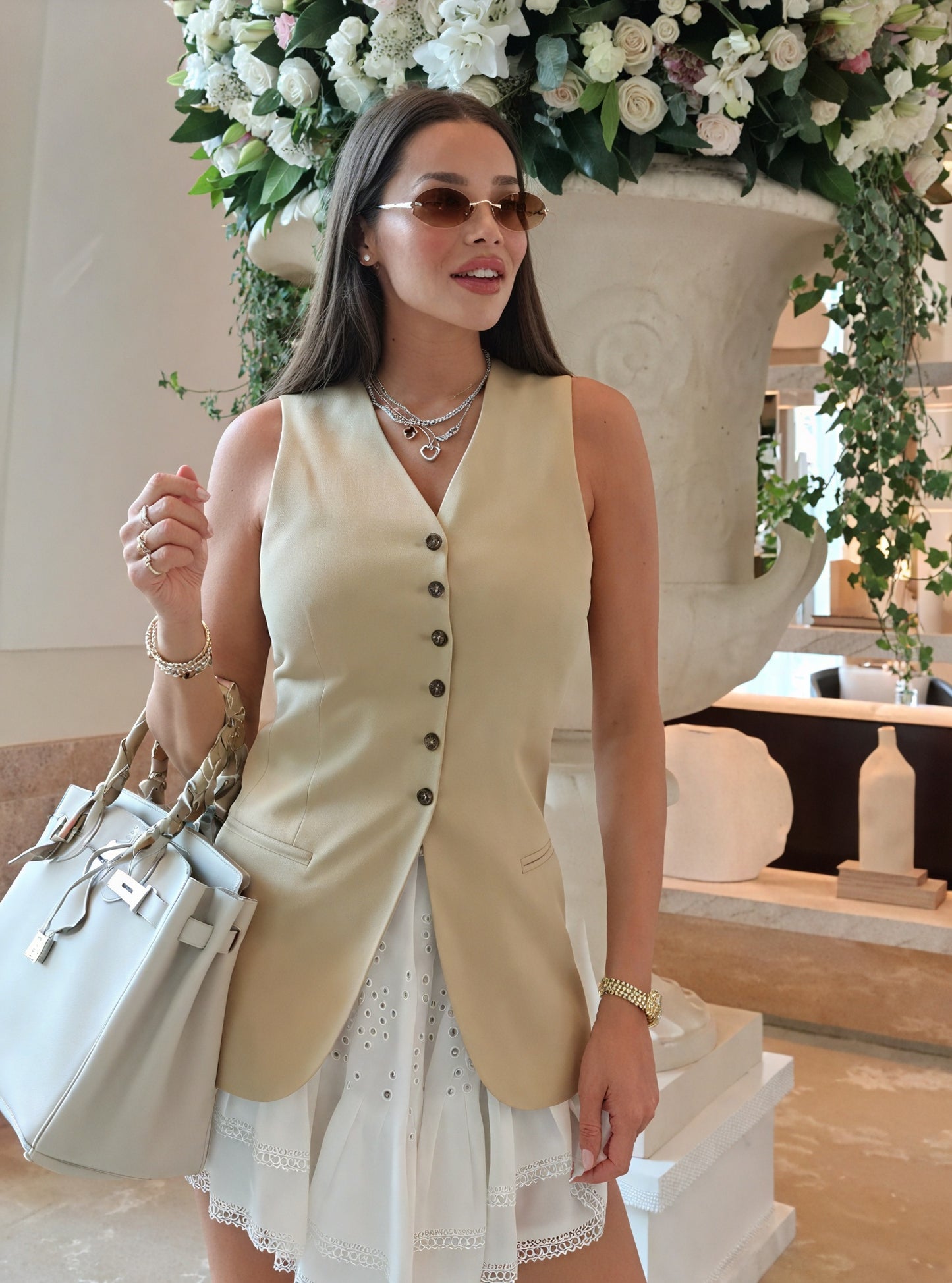 Women's Beige Tailored Vest – V-Neck, Decorative Buttons, Synthetic-77150-318493e9-76c0-460b-93d2-cb2121f4b3c8