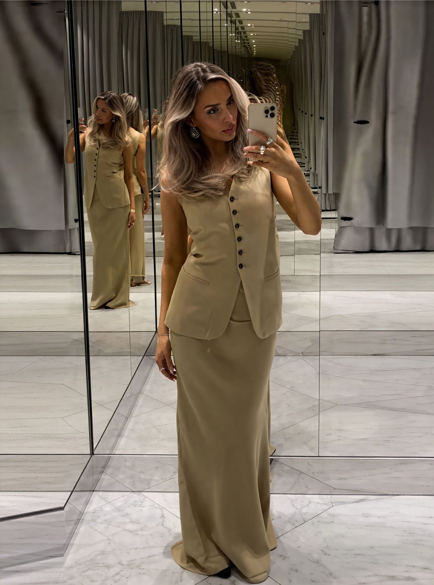 Women's Beige Tailored Vest – V-Neck, Decorative Buttons, Synthetic-77150-14cd1e2e-ba21-47eb-a6bc-1f6f187c4160