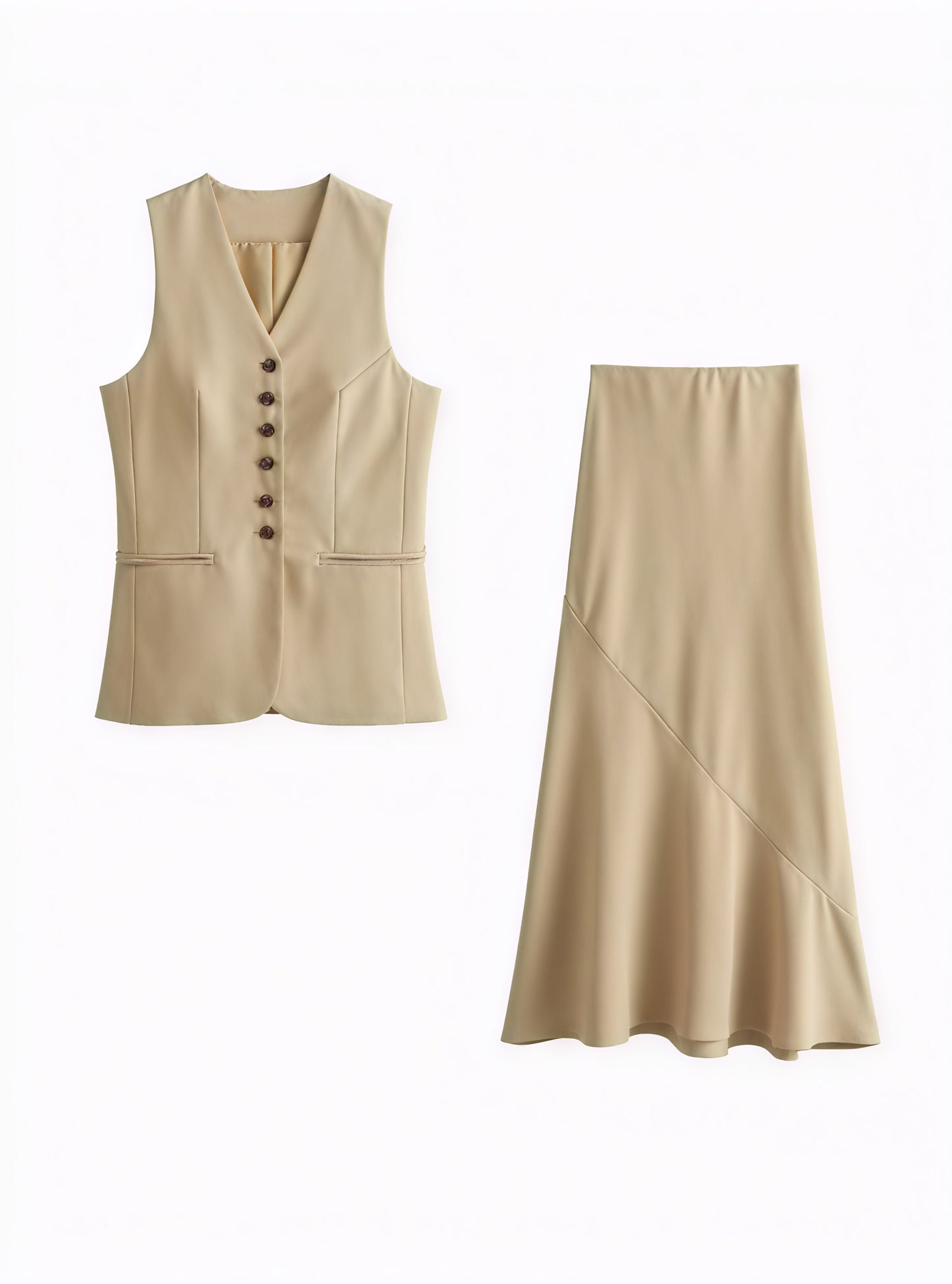 Women's Beige Tailored Vest – V-Neck, Decorative Buttons, Synthetic-77150-a4aa0b31-90ea-492b-98d0-2223bbadcae1
