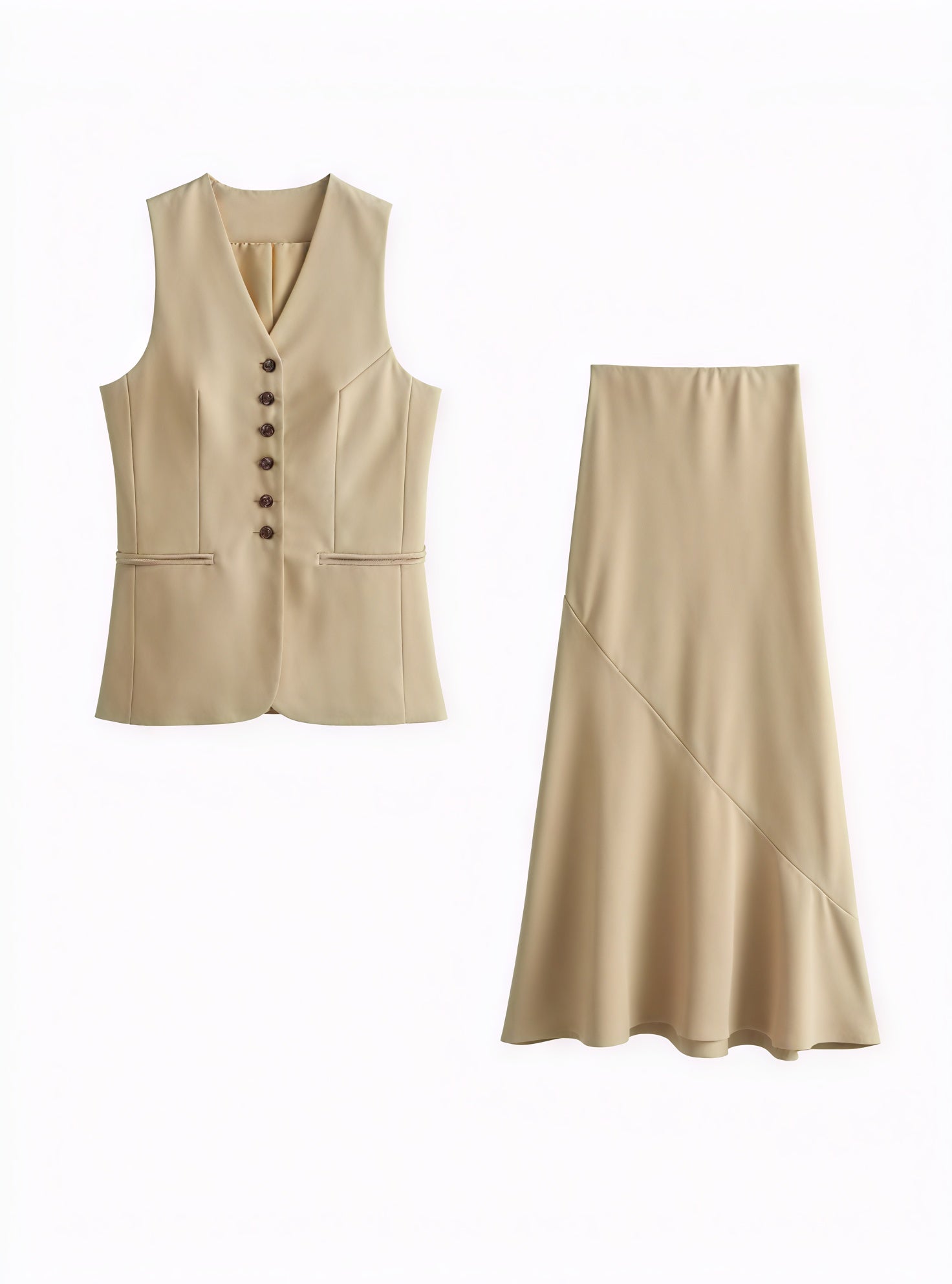 Women's Beige Tailored Vest – V-Neck, Decorative Buttons, Synthetic-77150-a4aa0b31-90ea-492b-98d0-2223bbadcae1