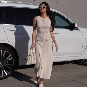 Women's Sleeveless Midi Dress – Ribbed Knit, Button Front, Tailored Fit-77153-e7d7089c-b346-4cff-b0a3-e66199b2352b