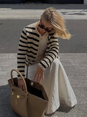 Women's Knit Jacket – Cream Striped, Gold Buttons, Round Neck, Classic Chic-77182-89073191-f12f-4eda-b23b-fd6aa99ea143