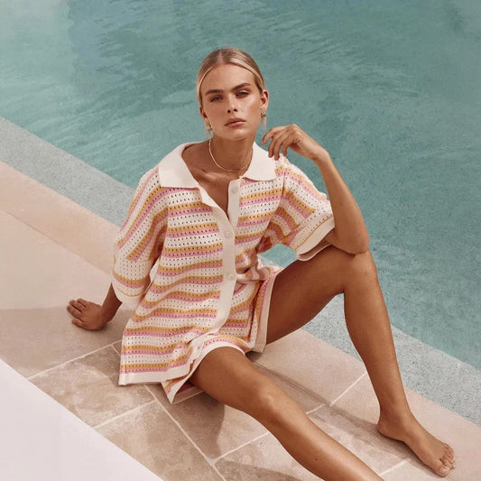 Women's Dress – Pastel Striped Knit Collared Button-Down, Short Puffed Sleeve, Casual Summer Style-77201-807b6161-b26b-4483-83eb-d3135386e322