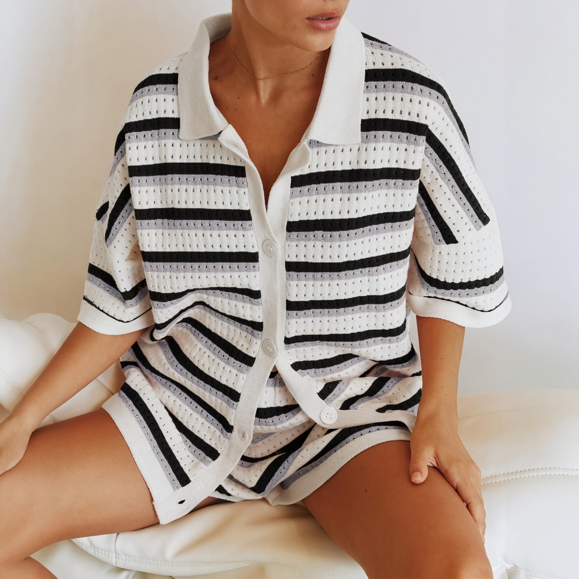 Women's Dress – Pastel Striped Knit Collared Button-Down, Short Puffed Sleeve, Casual Summer Style-77201-44a693e4-9021-4109-bb2d-f0bc7b64b519